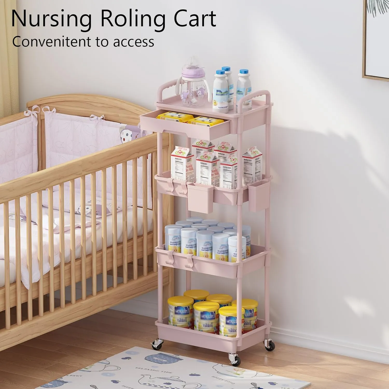 4 Tier Rolling Utility Cart with Drawer, Plastic Storage Organizer Rolling Carts with Wheels Handles Hanging Cups Hooks for Office, Bathroom, Kitchen,Craft Art Room (Pink)