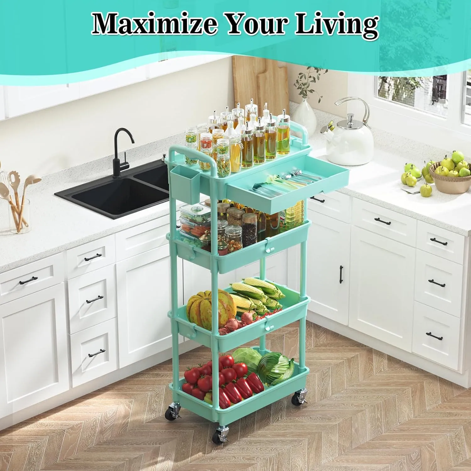 4 Tier Rolling Utility Cart with Drawer, Utility Storage Organizer with Plastic Shelf & Lockable Wheels Multifunctional Storage Cart for Kitchen, Bathroom, Office, Living Room, Blue