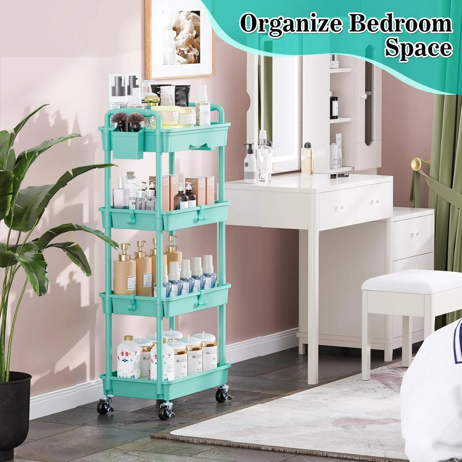 4 Tier Rolling Utility Cart with Drawer, Utility Storage Organizer with Plastic Shelf & Lockable Wheels Multifunctional Storage Cart for Kitchen, Bathroom, Office, Living Room, Blue