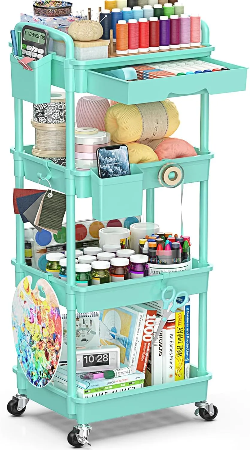 4 Tier Rolling Utility Cart with Drawer, Utility Storage Organizer with Plastic Shelf & Lockable Wheels Multifunctional Storage Cart for Kitchen, Bathroom, Office, Living Room, Blue