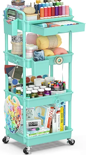 4 Tier Rolling Utility Cart with Drawer, Utility Storage Organizer with Plastic Shelf & Lockable Wheels Multifunctional Storage Cart for Kitchen, Bathroom, Office, Living Room, Blue