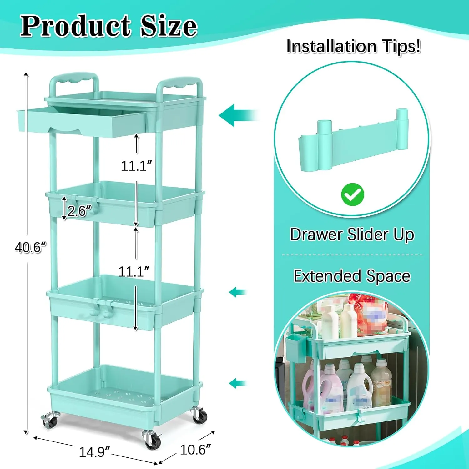 4 Tier Rolling Utility Cart with Drawer, Utility Storage Organizer with Plastic Shelf & Lockable Wheels Multifunctional Storage Cart for Kitchen, Bathroom, Office, Living Room, Blue
