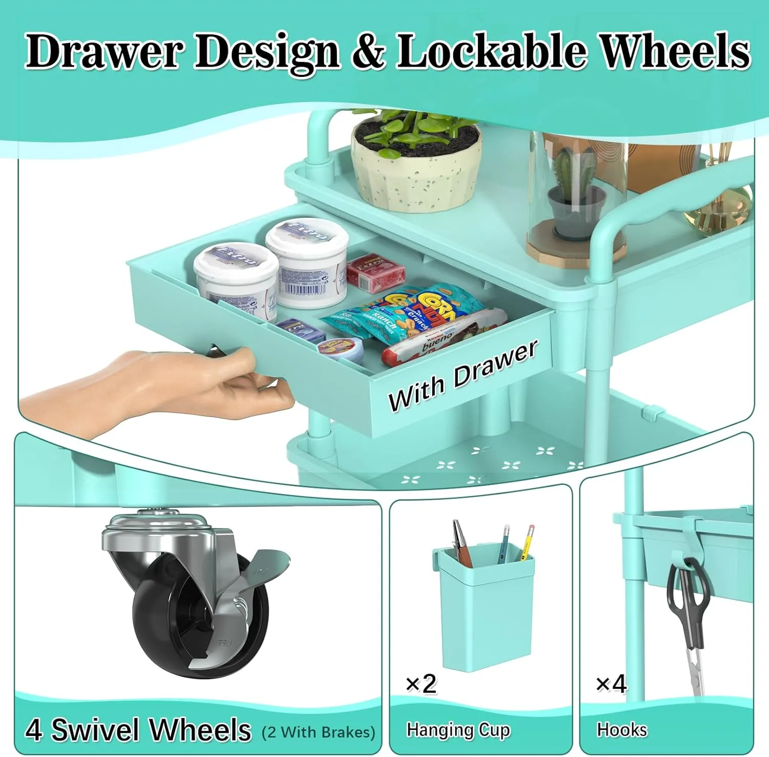 4 Tier Rolling Utility Cart with Drawer, Utility Storage Organizer with Plastic Shelf & Lockable Wheels Multifunctional Storage Cart for Kitchen, Bathroom, Office, Living Room, Blue