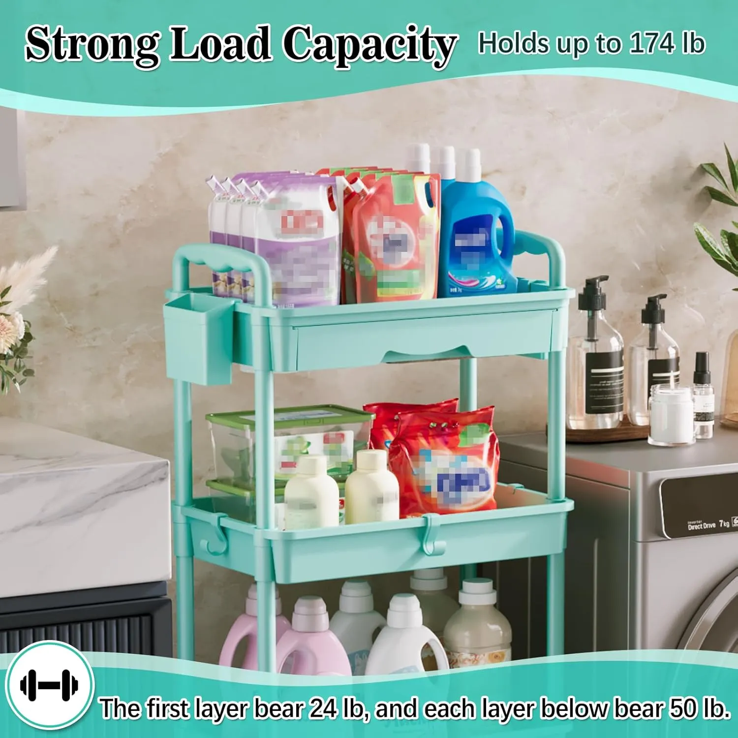 4 Tier Rolling Utility Cart with Drawer, Utility Storage Organizer with Plastic Shelf & Lockable Wheels Multifunctional Storage Cart for Kitchen, Bathroom, Office, Living Room, Blue