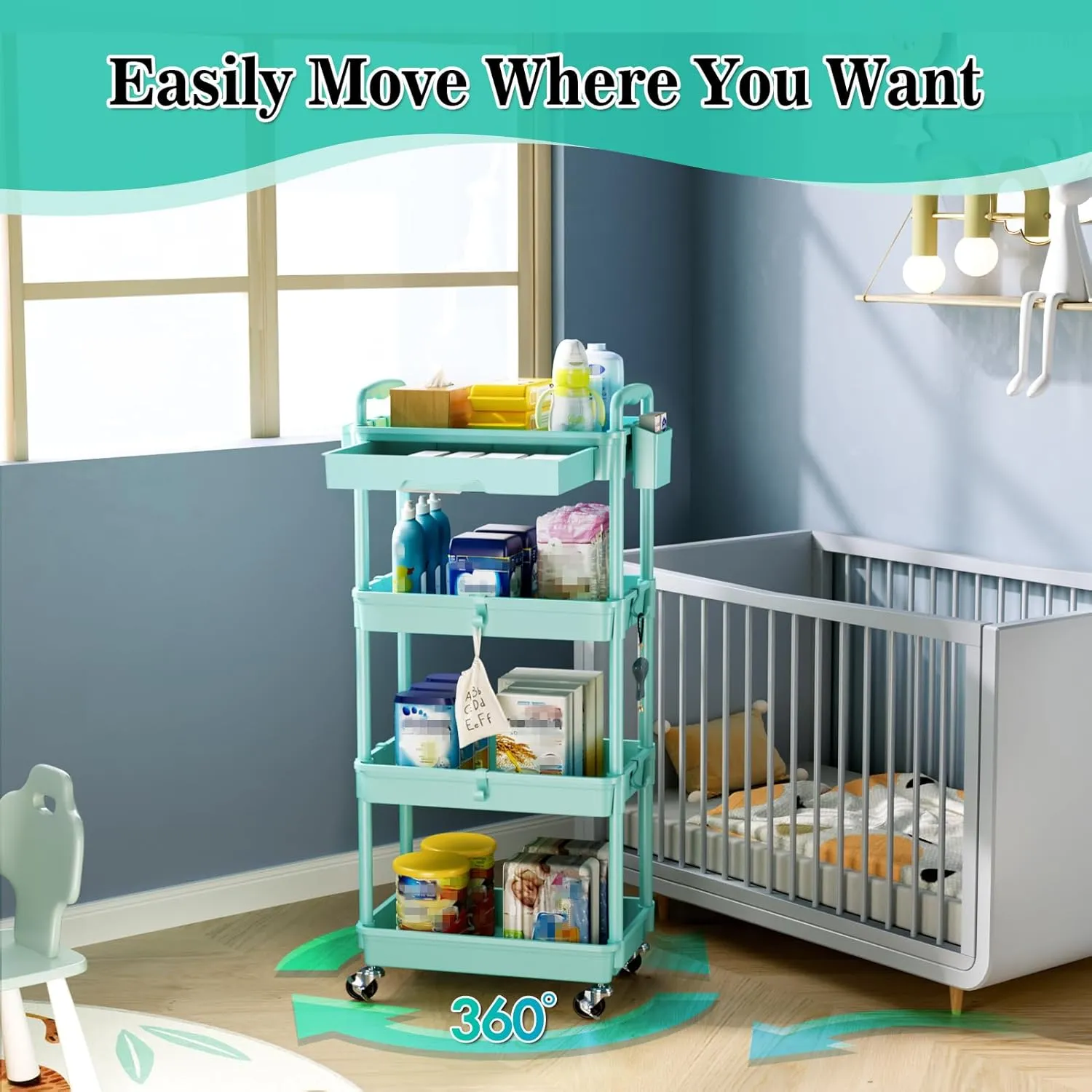 4 Tier Rolling Utility Cart with Drawer, Utility Storage Organizer with Plastic Shelf & Lockable Wheels Multifunctional Storage Cart for Kitchen, Bathroom, Office, Living Room, Blue