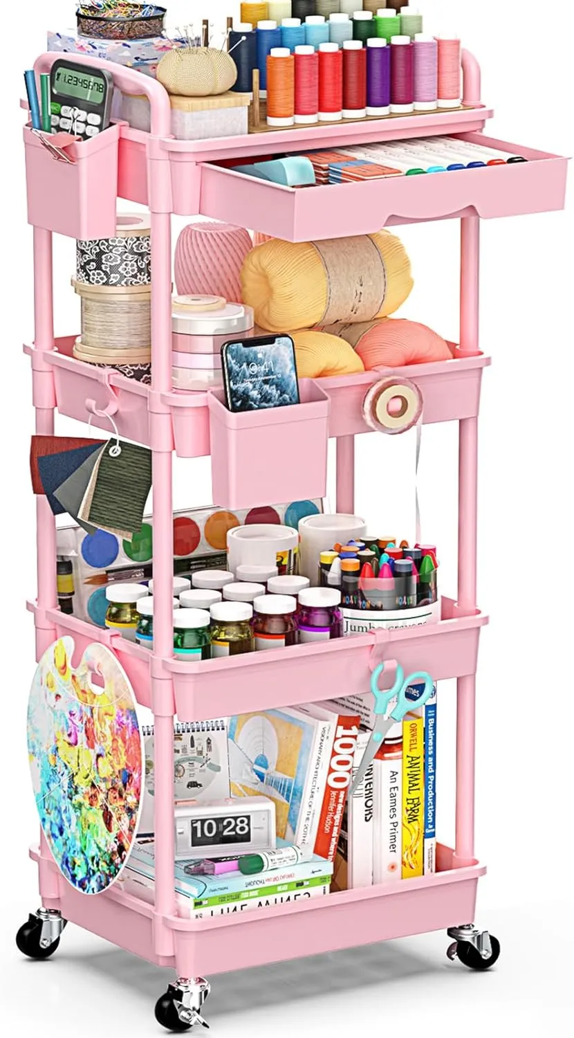 4 Tier Rolling Utility Cart with Drawer, Utility Storage Organizer with Plastic Shelf & Lockable Wheels Multifunctional Storage Cart for Kitchen, Bathroom, Office, Living Room, Pink