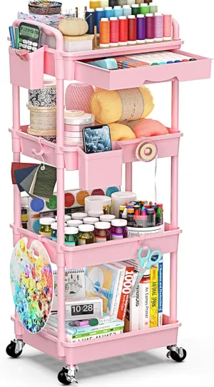4 Tier Rolling Utility Cart with Drawer, Utility Storage Organizer with Plastic Shelf & Lockable Wheels Multifunctional Storage Cart for Kitchen, Bathroom, Office, Living Room, Pink