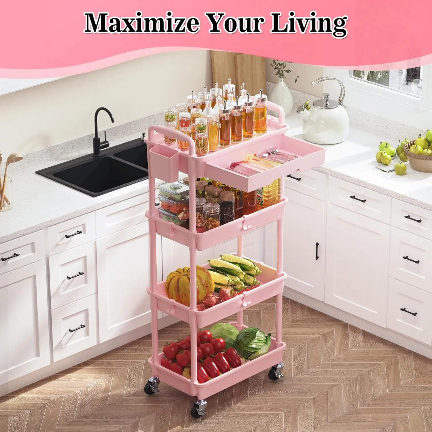 4 Tier Rolling Utility Cart with Drawer, Utility Storage Organizer with Plastic Shelf & Lockable Wheels Multifunctional Storage Cart for Kitchen, Bathroom, Office, Living Room, Pink
