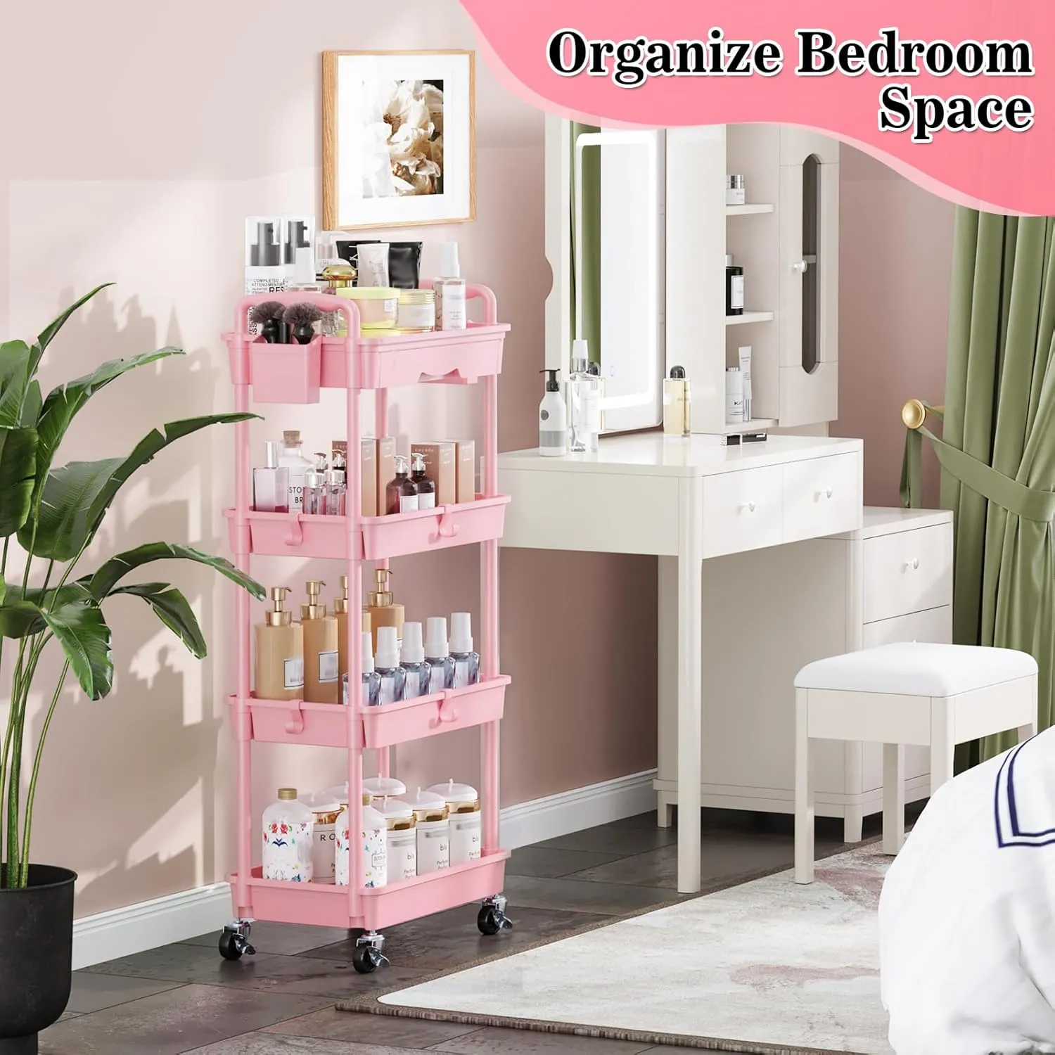4 Tier Rolling Utility Cart with Drawer, Utility Storage Organizer with Plastic Shelf & Lockable Wheels Multifunctional Storage Cart for Kitchen, Bathroom, Office, Living Room, Pink