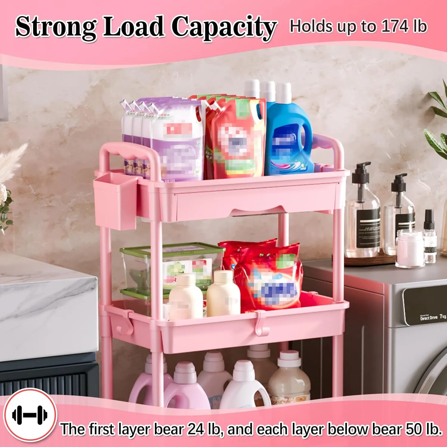4 Tier Rolling Utility Cart with Drawer, Utility Storage Organizer with Plastic Shelf & Lockable Wheels Multifunctional Storage Cart for Kitchen, Bathroom, Office, Living Room, Pink