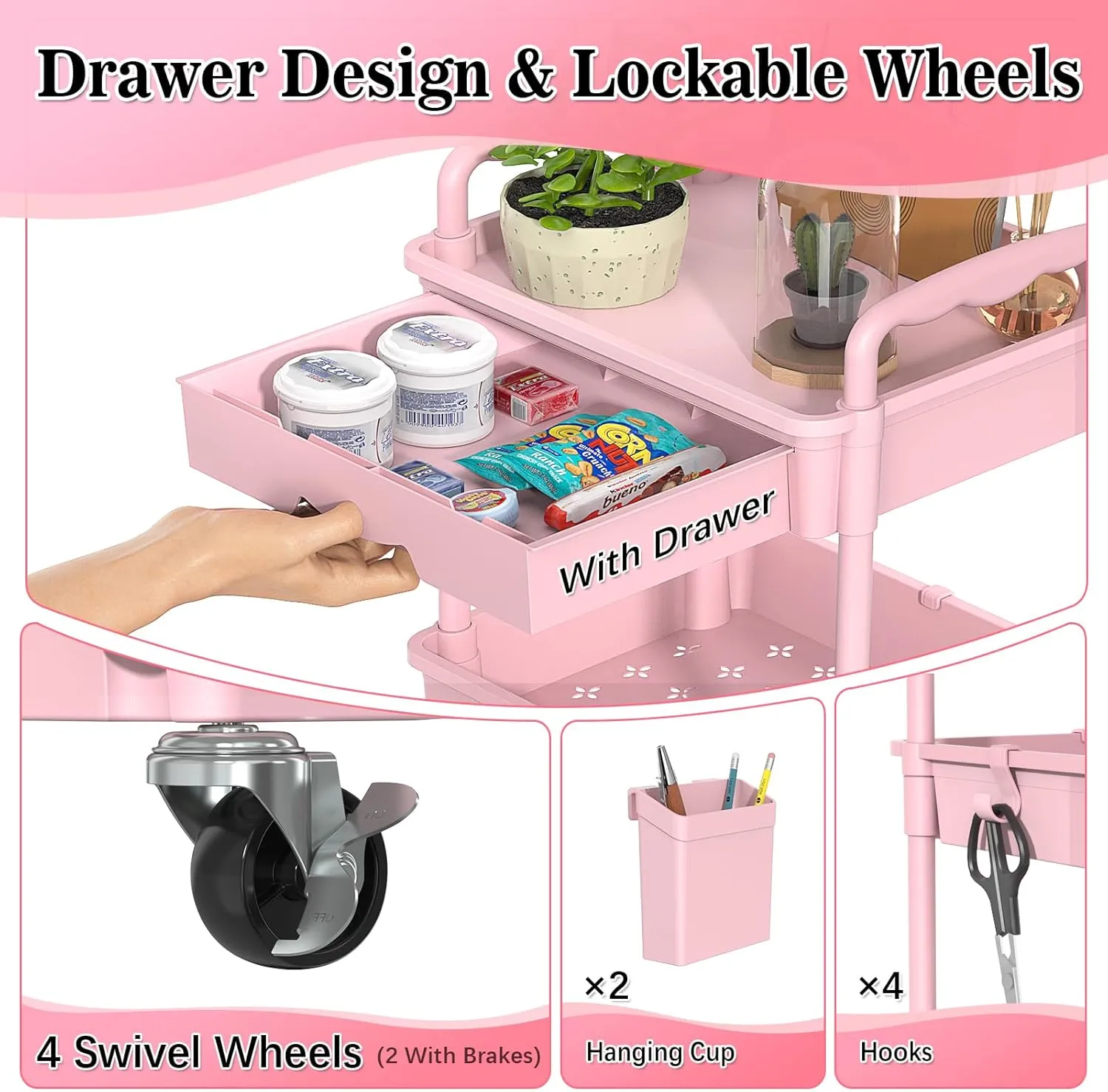 4 Tier Rolling Utility Cart with Drawer, Utility Storage Organizer with Plastic Shelf & Lockable Wheels Multifunctional Storage Cart for Kitchen, Bathroom, Office, Living Room, Pink