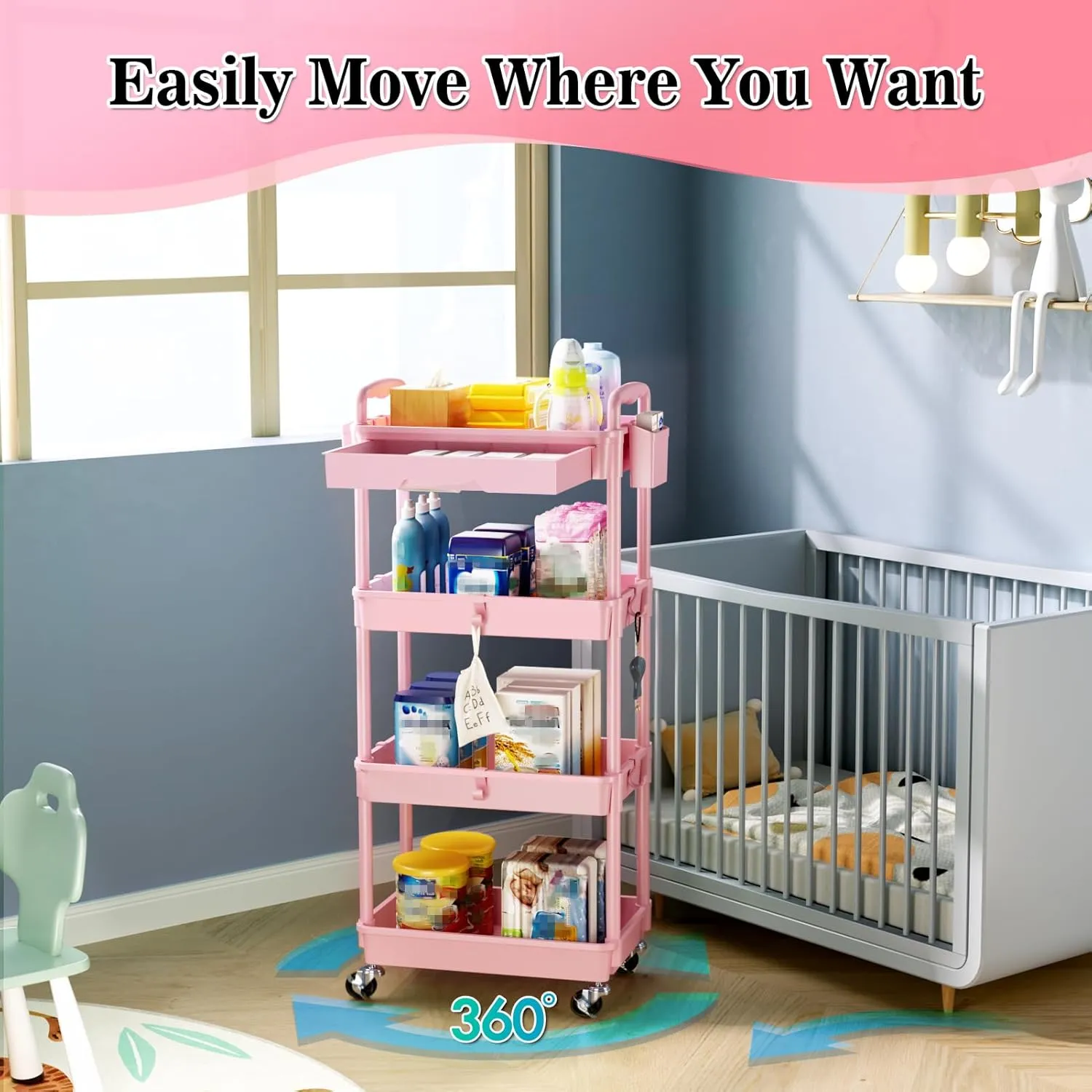4 Tier Rolling Utility Cart with Drawer, Utility Storage Organizer with Plastic Shelf & Lockable Wheels Multifunctional Storage Cart for Kitchen, Bathroom, Office, Living Room, Pink