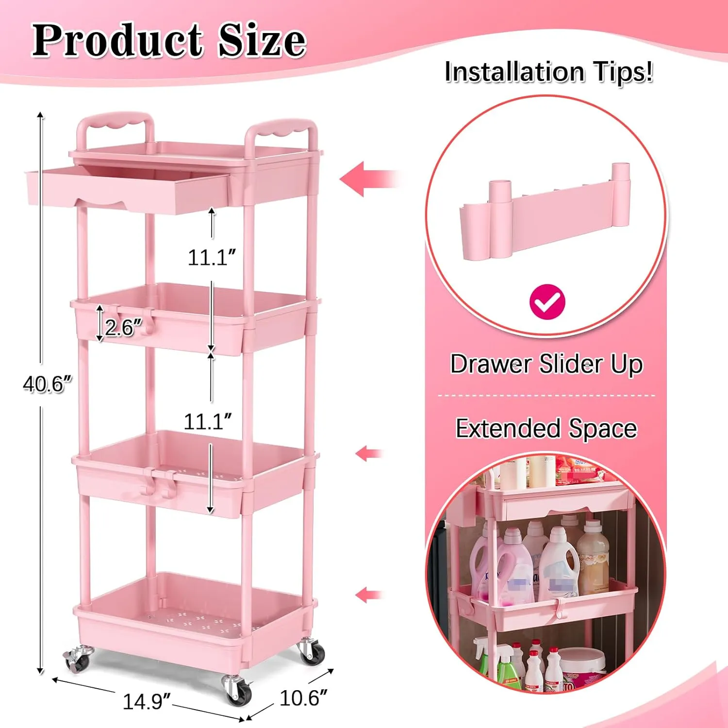 4 Tier Rolling Utility Cart with Drawer, Utility Storage Organizer with Plastic Shelf & Lockable Wheels Multifunctional Storage Cart for Kitchen, Bathroom, Office, Living Room, Pink