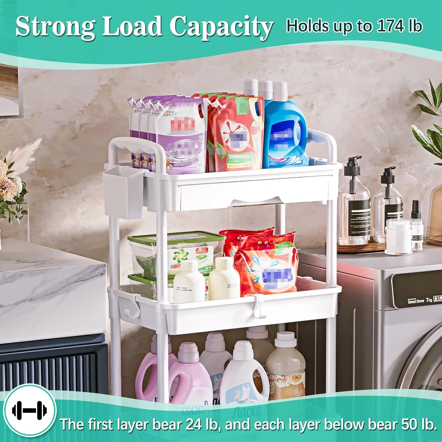 4 Tier Rolling Utility Cart with Drawer, Utility Storage Organizer with Plastic Shelf & Lockable Wheels Multifunctional Storage Cart for Kitchen, Bathroom, Office, Living Room, White