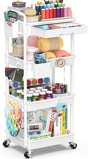4 Tier Rolling Utility Cart with Drawer, Utility Storage Organizer with Plastic Shelf & Lockable Wheels Multifunctional Storage Cart for Kitchen, Bathroom, Office, Living Room, White