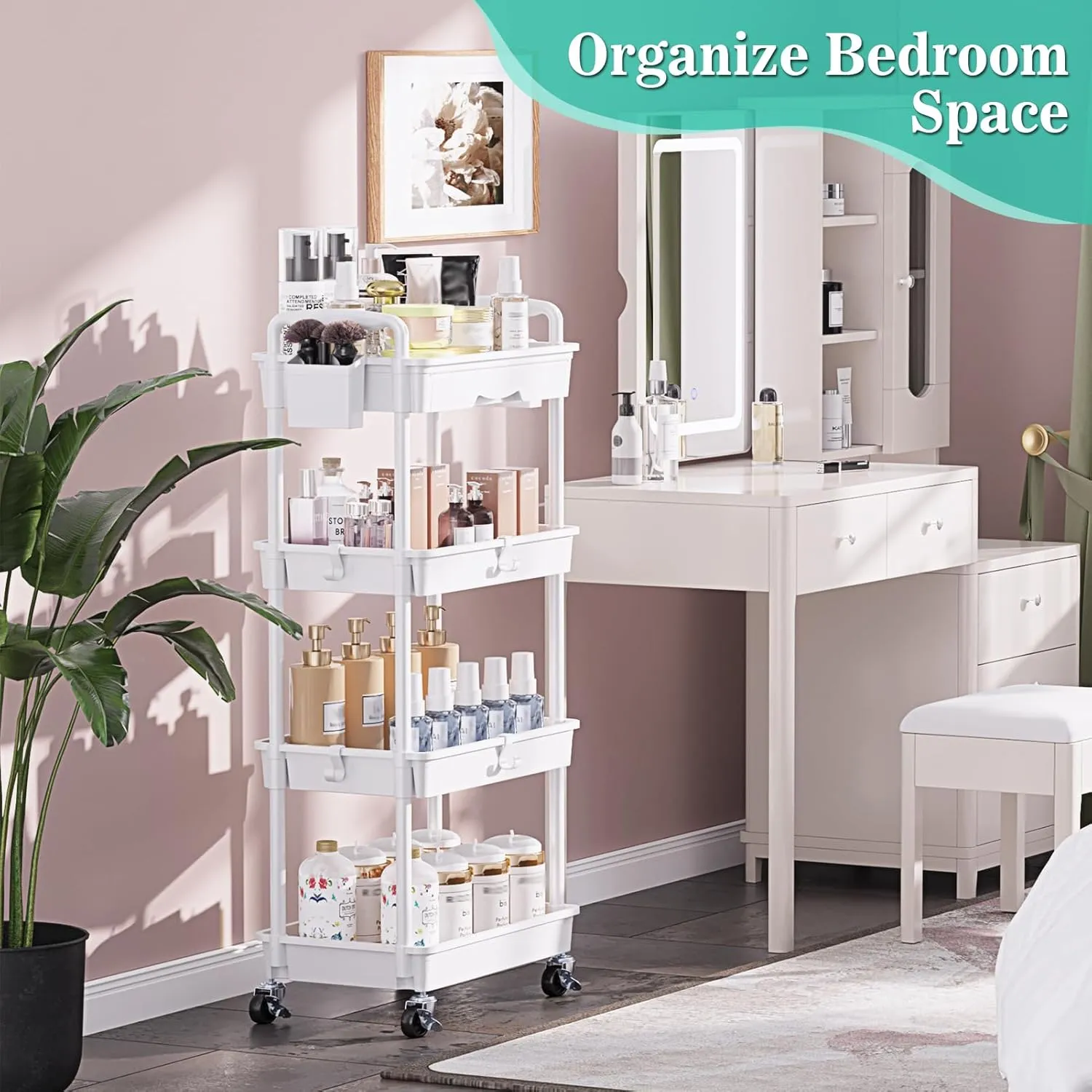 4 Tier Rolling Utility Cart with Drawer, Utility Storage Organizer with Plastic Shelf & Lockable Wheels Multifunctional Storage Cart for Kitchen, Bathroom, Office, Living Room, White