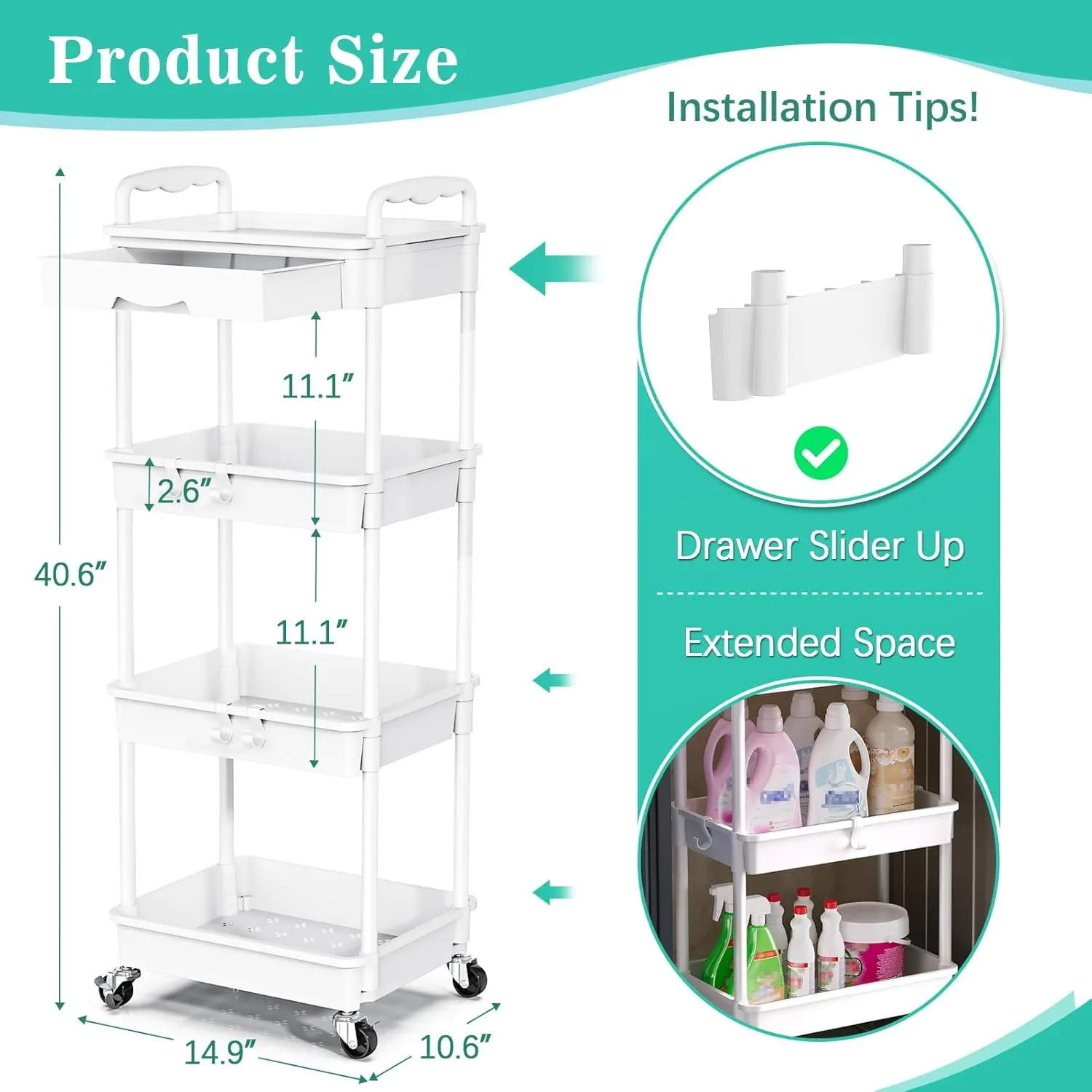 4 Tier Rolling Utility Cart with Drawer, Utility Storage Organizer with Plastic Shelf & Lockable Wheels Multifunctional Storage Cart for Kitchen, Bathroom, Office, Living Room, White