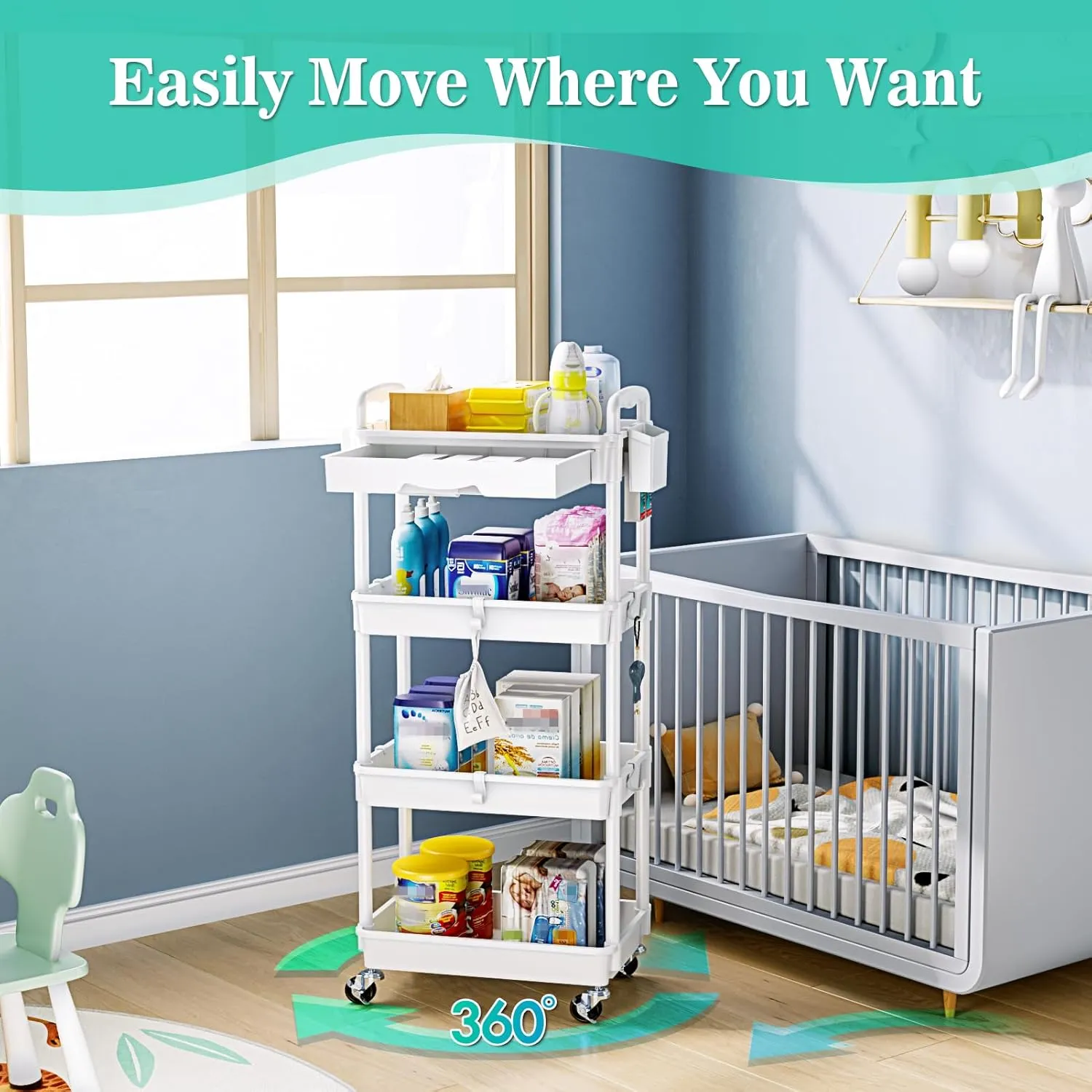 4 Tier Rolling Utility Cart with Drawer, Utility Storage Organizer with Plastic Shelf & Lockable Wheels Multifunctional Storage Cart for Kitchen, Bathroom, Office, Living Room, White