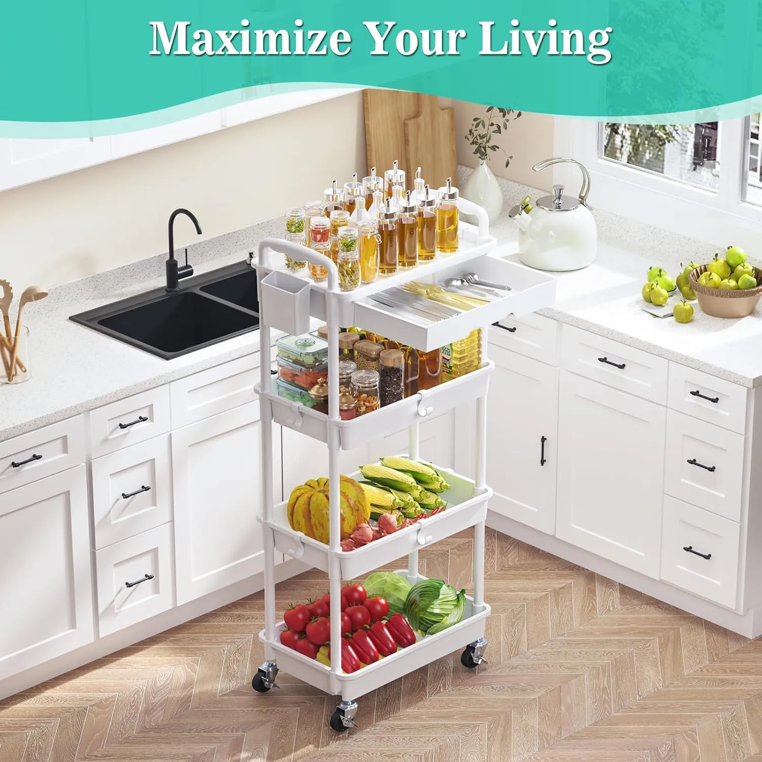 4 Tier Rolling Utility Cart with Drawer, Utility Storage Organizer with Plastic Shelf & Lockable Wheels Multifunctional Storage Cart for Kitchen, Bathroom, Office, Living Room, White