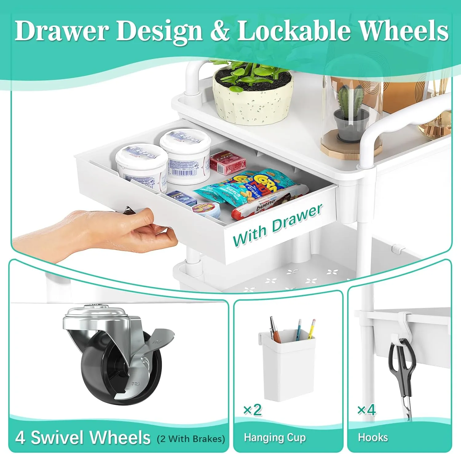 4 Tier Rolling Utility Cart with Drawer, Utility Storage Organizer with Plastic Shelf & Lockable Wheels Multifunctional Storage Cart for Kitchen, Bathroom, Office, Living Room, White