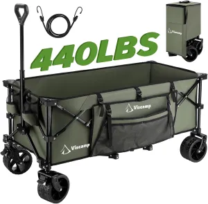 48''L Wagons Carts Foldable, 440Lbs Beach Collapsible Wagon Heavy Duty Garden Cart with Wheels and Elastic Rope Wagon for Shopping Camping and Storage(Army Green)