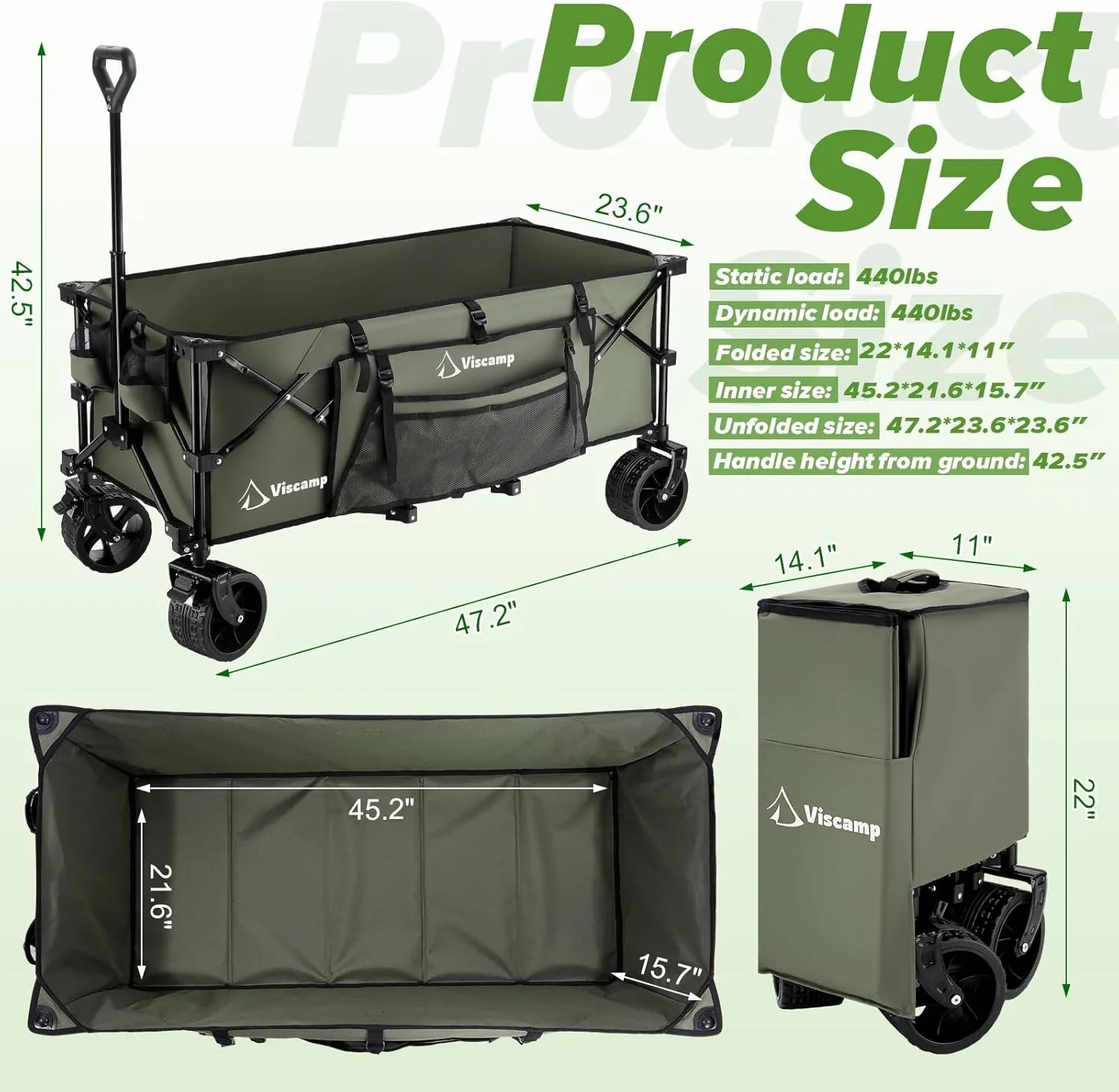 48''L Wagons Carts Foldable, 440Lbs Beach Collapsible Wagon Heavy Duty Garden Cart with Wheels and Elastic Rope Wagon for Shopping Camping and Storage(Army Green)