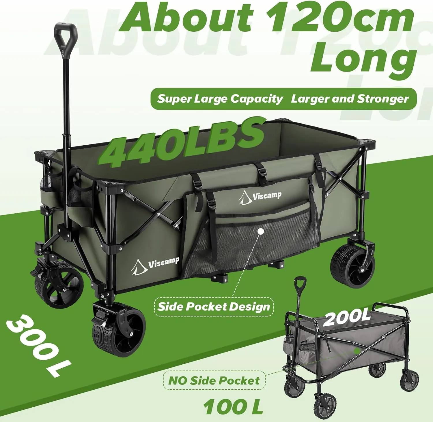 48''L Wagons Carts Foldable, 440Lbs Beach Collapsible Wagon Heavy Duty Garden Cart with Wheels and Elastic Rope Wagon for Shopping Camping and Storage(Army Green)