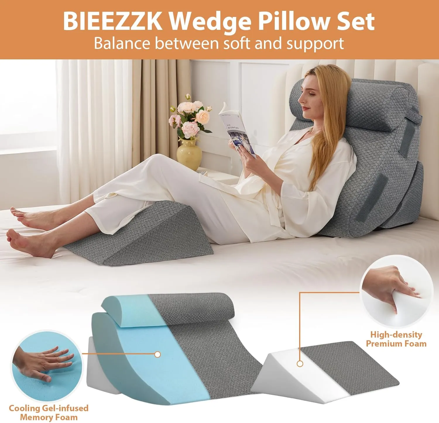 4PCS Wedge Pillow Set for After Surgery, Orthopedic Bed Wedge Pillow for Back Pain Relief, Sitting up in Bed,Recovery, Acid Reflux, Snoring, Body Pillow for Sleeping,Leg,Shoulder Support, Dark Grey