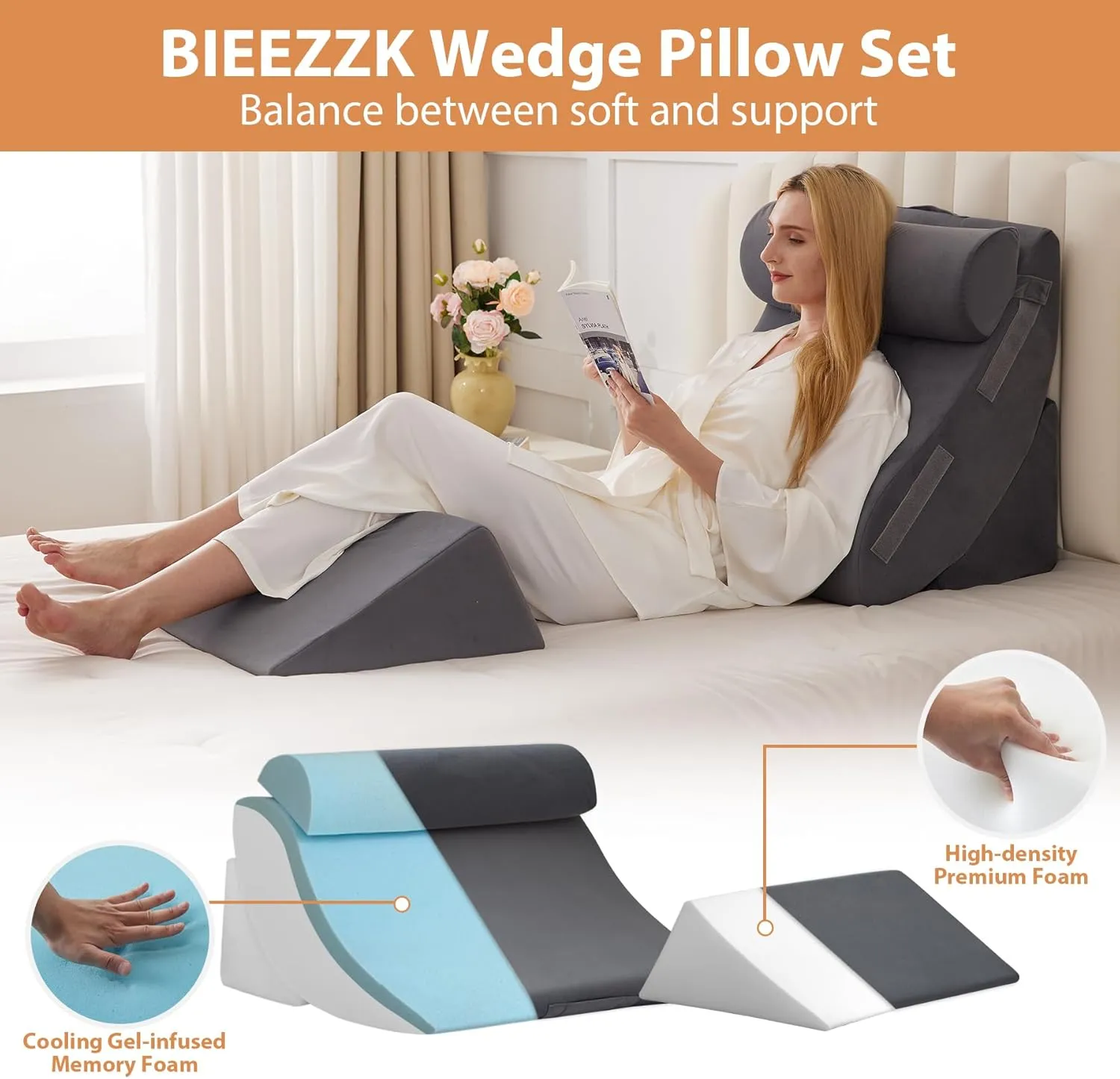 4PCS Wedge Pillow Set for After Surgery, Orthopedic Bed Wedge Pillow for Back Pain Relief, Sitting up in Bed,Recovery, Acid Reflux, Snoring, Body Pillow for Sleeping,Leg,Shoulder Support, Velvet Grey
