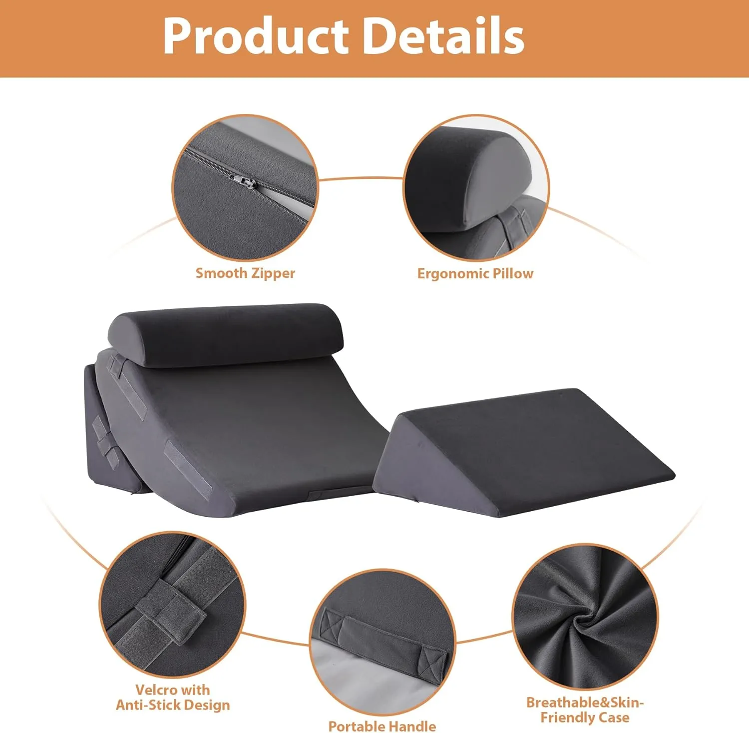4PCS Wedge Pillow Set for After Surgery, Orthopedic Bed Wedge Pillow for Back Pain Relief, Sitting up in Bed,Recovery, Acid Reflux, Snoring, Body Pillow for Sleeping,Leg,Shoulder Support, Velvet Grey