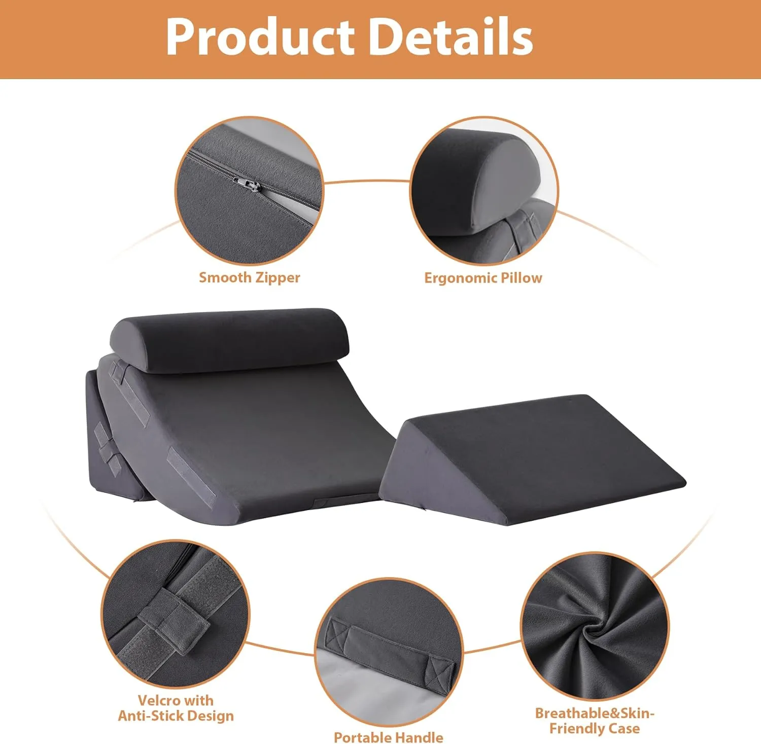 4PCS Wedge Pillow Set for After Surgery, Orthopedic Bed Wedge Pillow for Back Pain Relief, Sitting up in Bed,Recovery, Acid Reflux, Snoring, Body Pillow for Sleeping,Leg,Shoulder Support, Velvet Grey