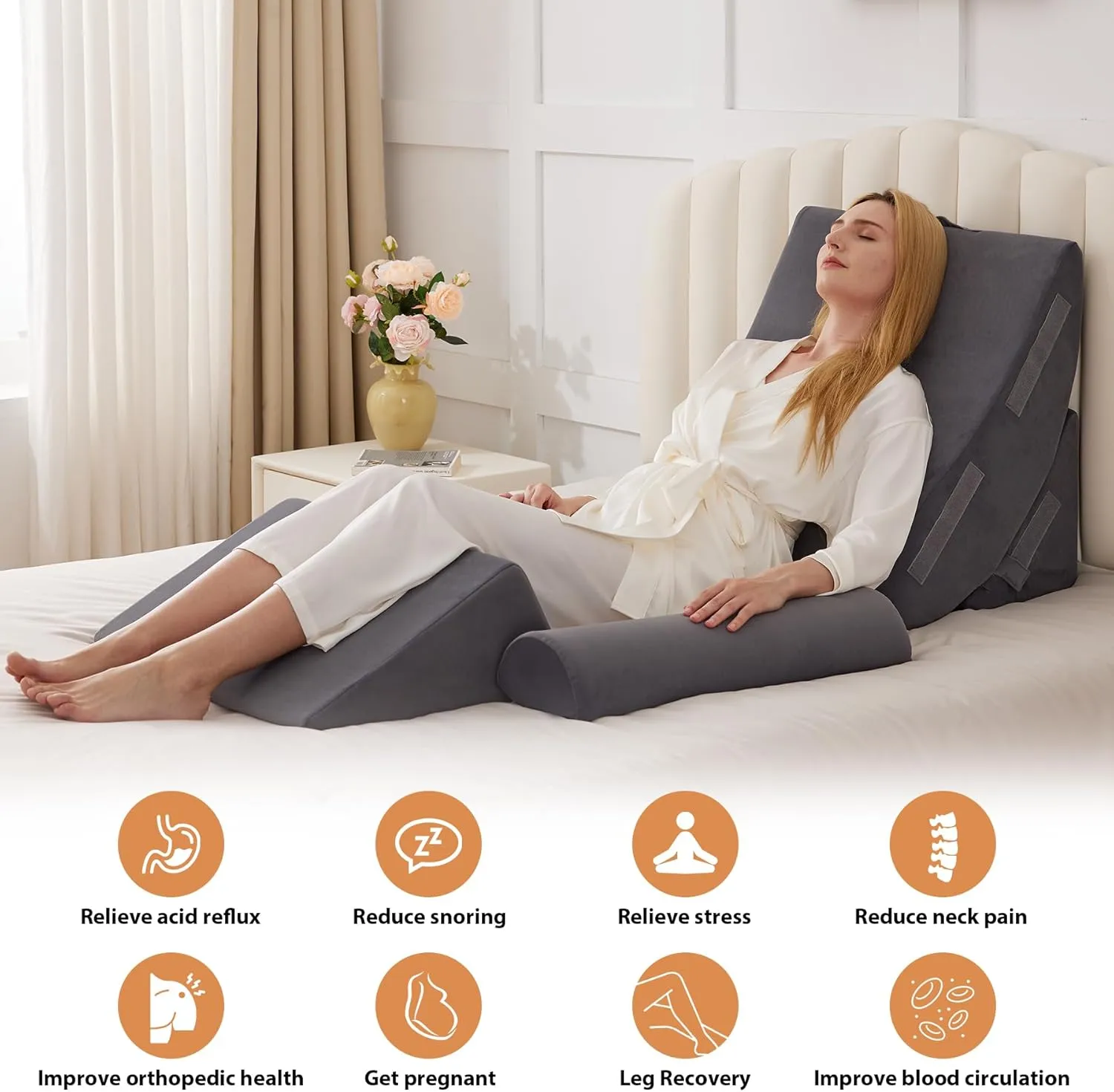 4PCS Wedge Pillow Set for After Surgery, Orthopedic Bed Wedge Pillow for Back Pain Relief, Sitting up in Bed,Recovery, Acid Reflux, Snoring, Body Pillow for Sleeping,Leg,Shoulder Support, Velvet Grey