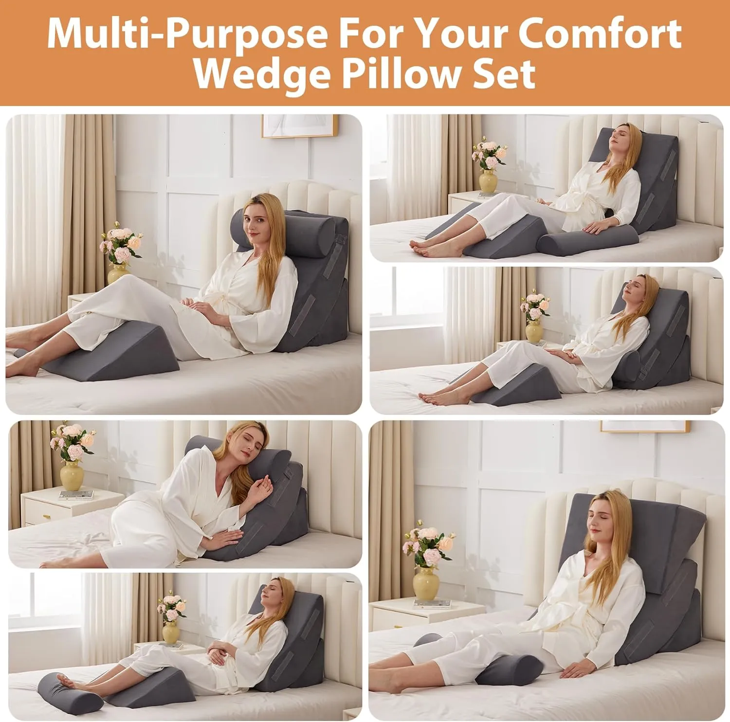 4PCS Wedge Pillow Set for After Surgery, Orthopedic Bed Wedge Pillow for Back Pain Relief, Sitting up in Bed,Recovery, Acid Reflux, Snoring, Body Pillow for Sleeping,Leg,Shoulder Support, Velvet Grey