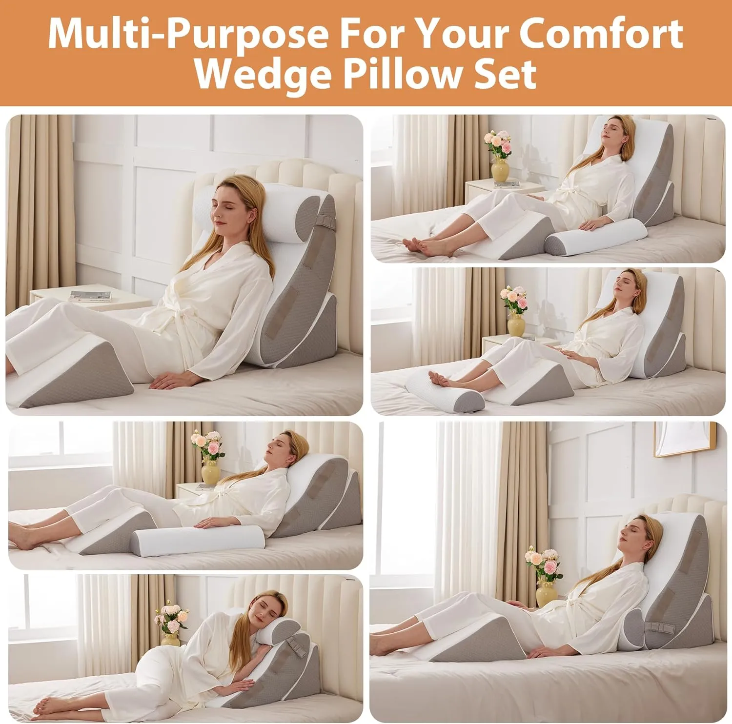 4PCS Wedge Pillow Set for After Surgery, Orthopedic Bed Wedge Pillow for Back Pain Relief, Sitting up in Bed,Recovery, Acid Reflux, Snoring, Body Pillow for Sleeping,Leg,Shoulder Support, White/Grey