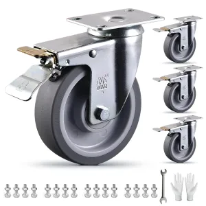 5 Inch All Brake Castets Set of 4 Heavy Duty Caster Wheels 3000Lbs Swivel TPR Rubber Wheel Silent Castor Locking Industrial Plate Casters Wheels for Cart Furniture Workbench