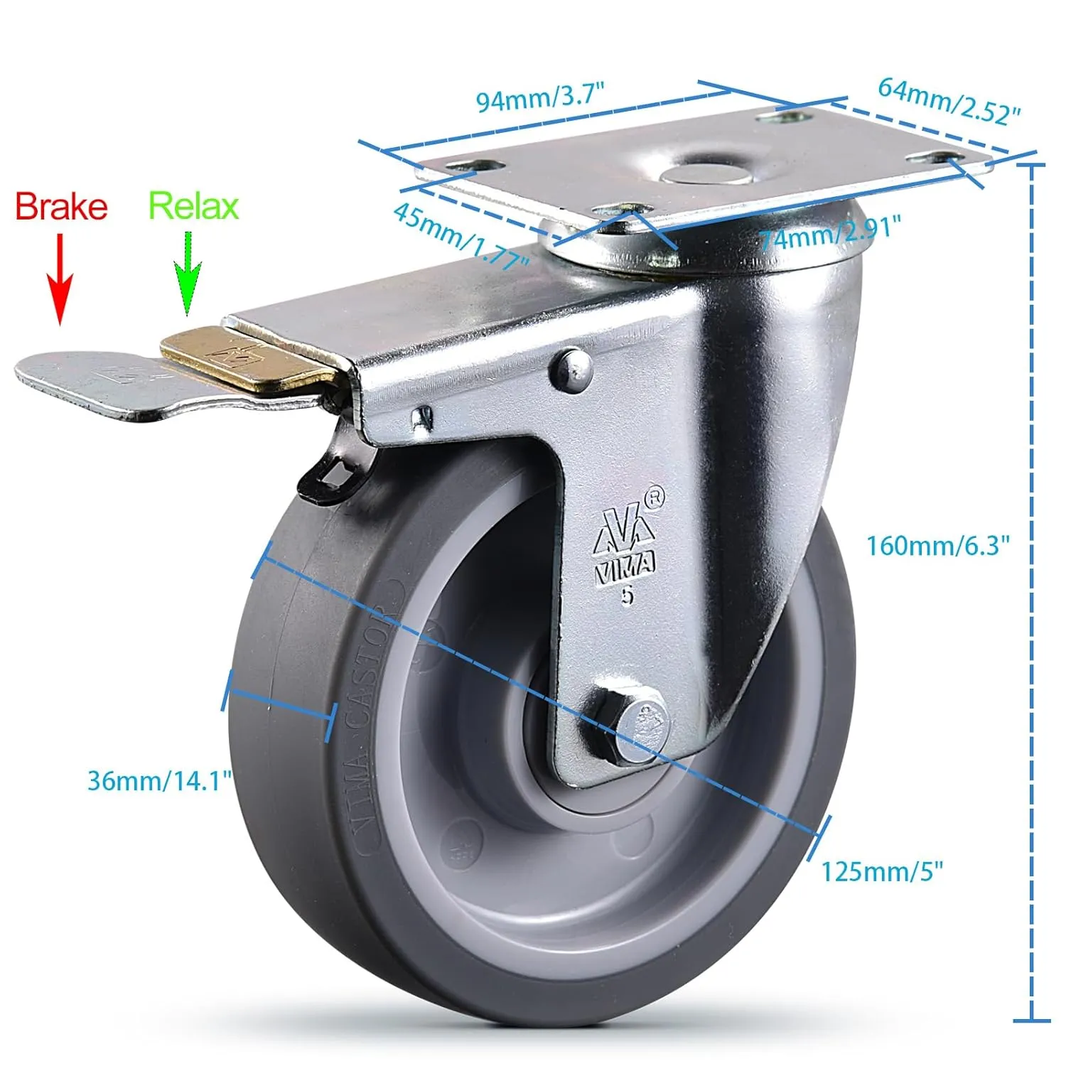 5 Inch All Brake Castets Set of 4 Heavy Duty Caster Wheels 3000Lbs Swivel TPR Rubber Wheel Silent Castor Locking Industrial Plate Casters Wheels for Cart Furniture Workbench