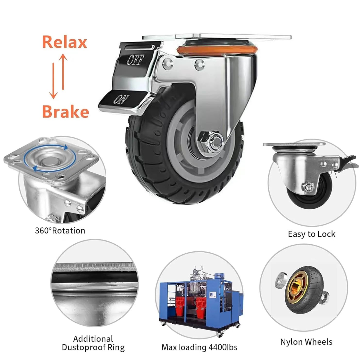 5 inch Caster Wheels with Brake 2200lbs,Heavy Duty Casters Set of 4 for Cart, Trolleys, Furniture and Workbench(2PCS Fixed Caster Wheels 2PCS Locking Swivel Casters)
