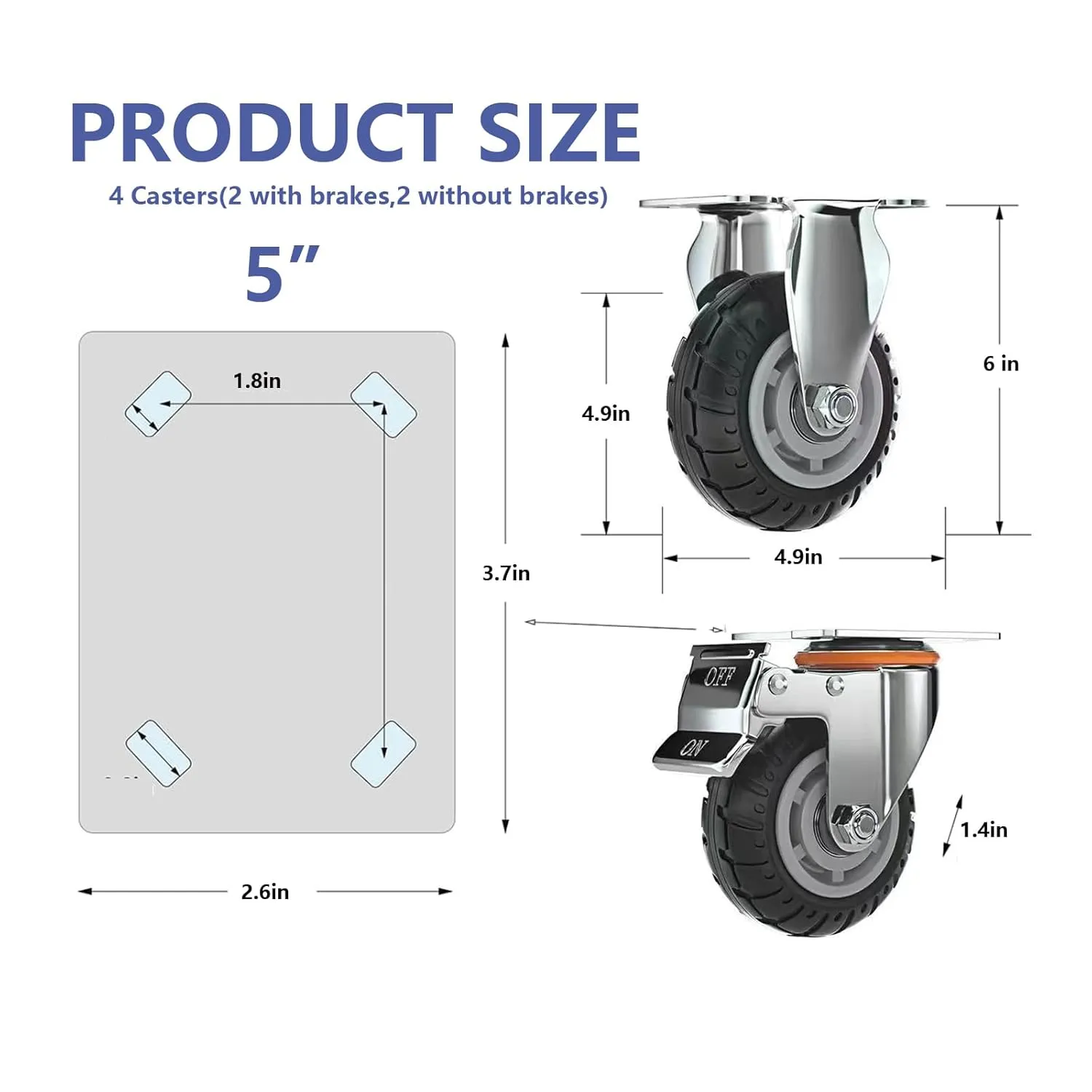 5 inch Caster Wheels with Brake 2200lbs,Heavy Duty Casters Set of 4 for Cart, Trolleys, Furniture and Workbench(2PCS Fixed Caster Wheels 2PCS Locking Swivel Casters)