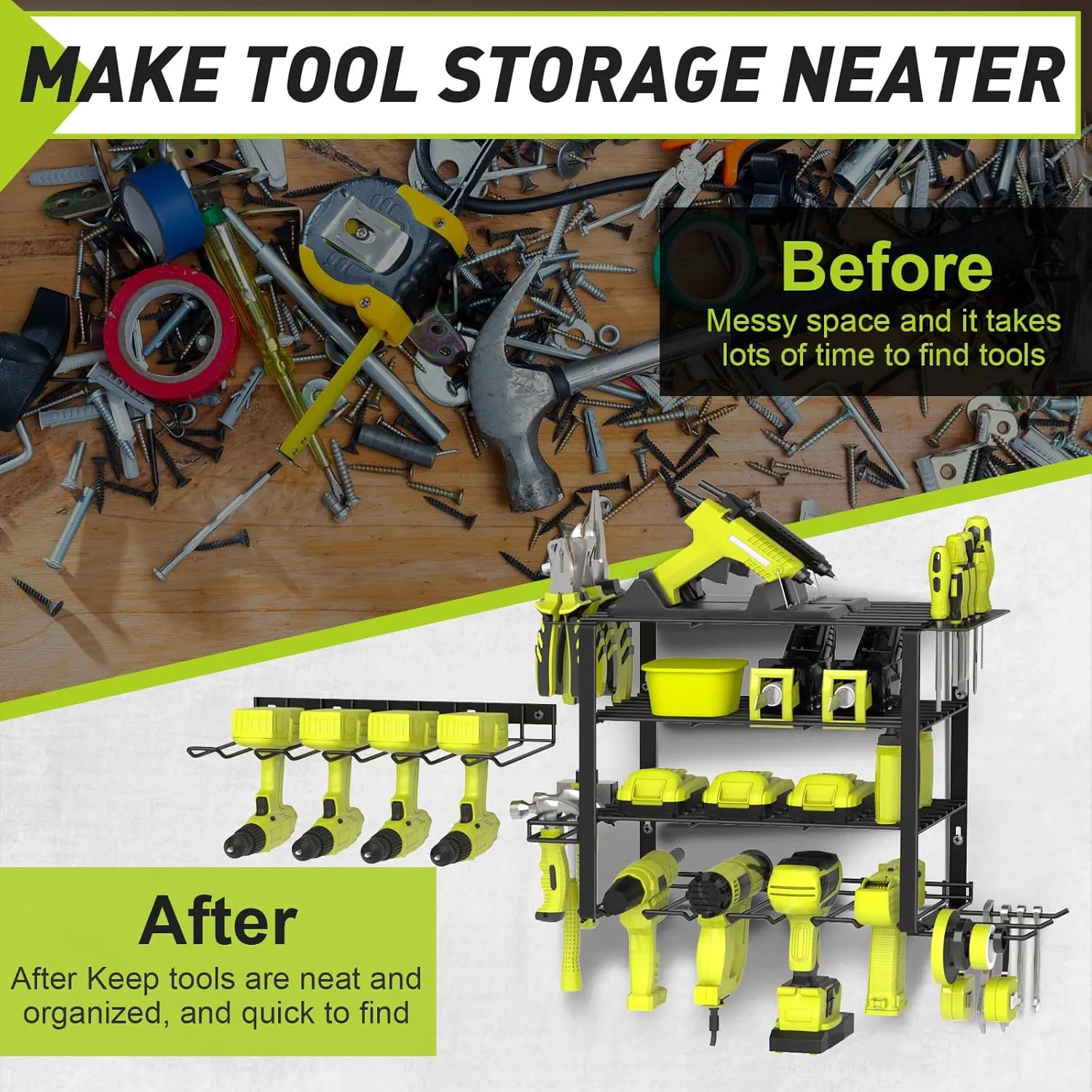 5 Layers 2 IN 1 Power Tool Organizer Wall Mount Garden Tool Organizer, 8 Cordless Drill Holder Heavy Duty Metal Loads 250LBS, Power Tool Shelf for Garage Tool, Utility Rack Garden Tool Storage