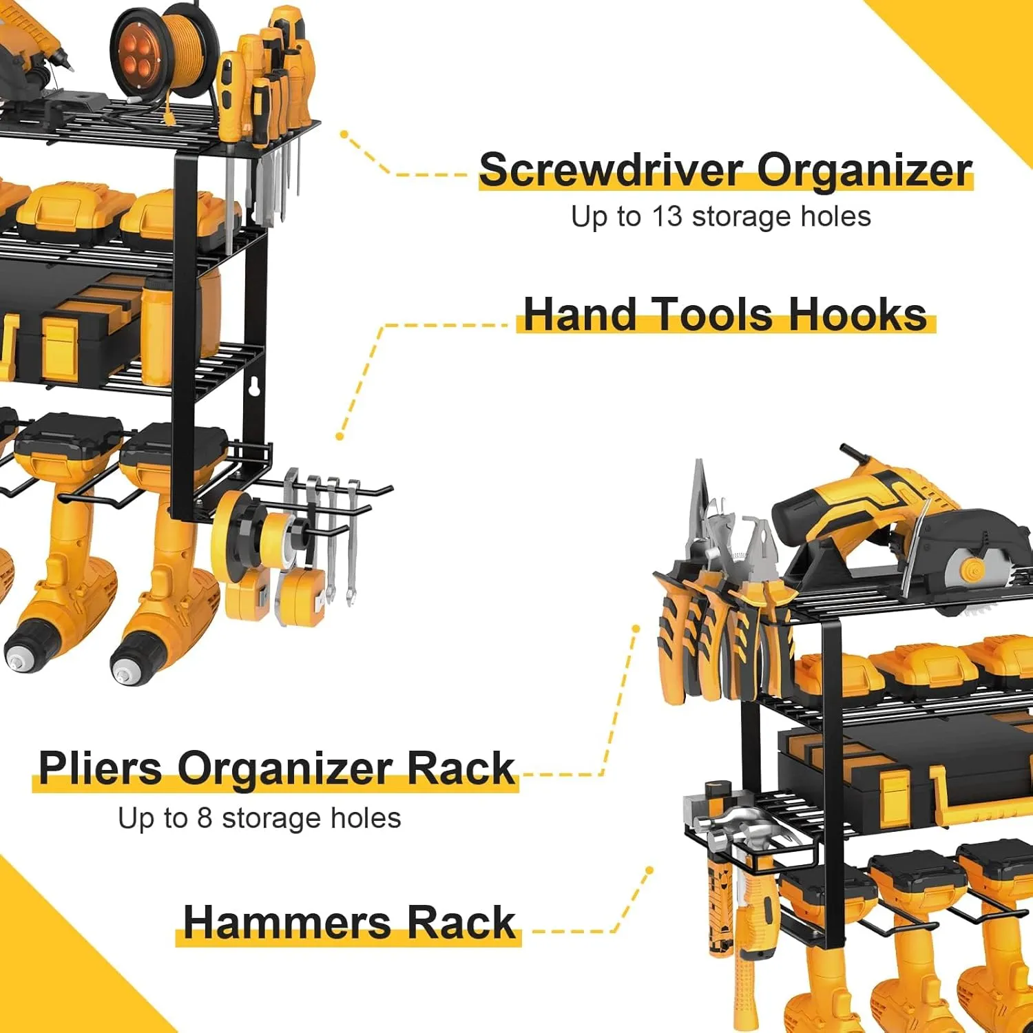 5 Layers 2 IN 1 Power Tool Organizer Wall Mount Garden Tool Organizer, 8 Cordless Drill Holder Heavy Duty Metal Loads 250LBS, Power Tool Shelf for Garage Tool, Utility Rack Garden Tool Storage