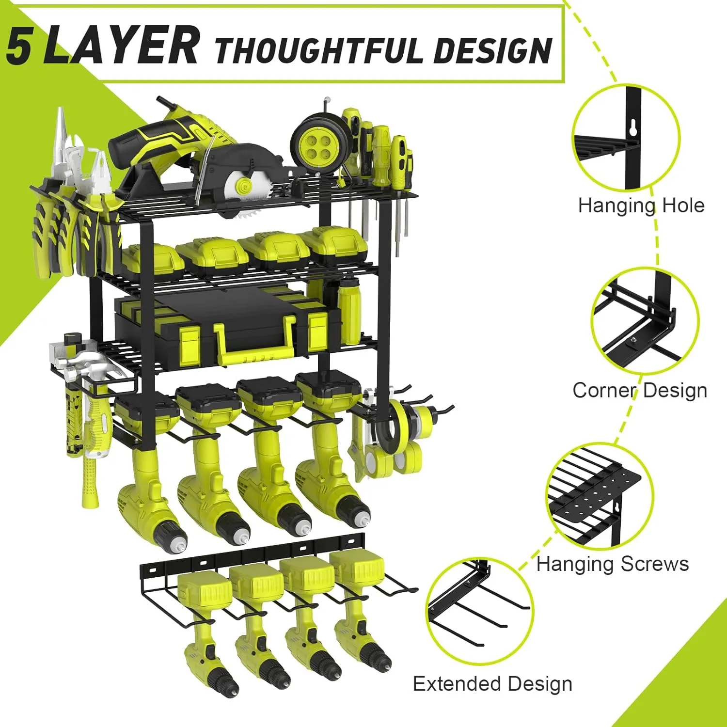 5 Layers 2 IN 1 Power Tool Organizer Wall Mount Garden Tool Organizer, 8 Cordless Drill Holder Heavy Duty Metal Loads 250LBS, Power Tool Shelf for Garage Tool, Utility Rack Garden Tool Storage