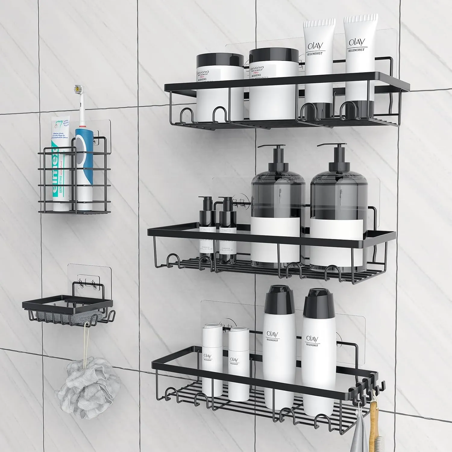 5 Pack Shower Caddy, Adhesive Organizer for Bathroom & Kitchen, Large Capacity Rustproof Stainless Steel Shelves No Drilling