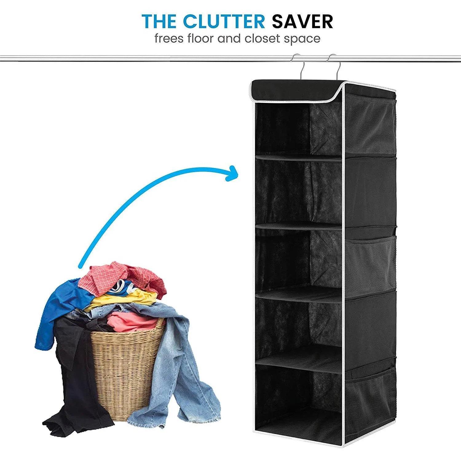 5-Shelf Hanging Closet Organizer With 6 Mesh Pockets Black - Double R Bags