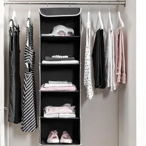 5-Shelf Hanging Closet Organizer With 6 Mesh Pockets Black - Double R Bags