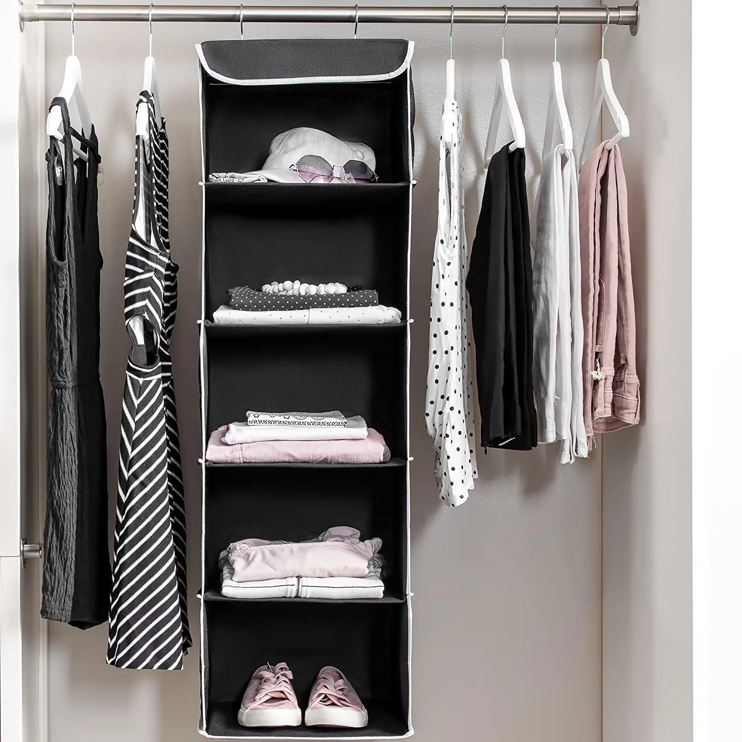 5-Shelf Hanging Closet Organizer With 6 Mesh Pockets Black - Double R Bags