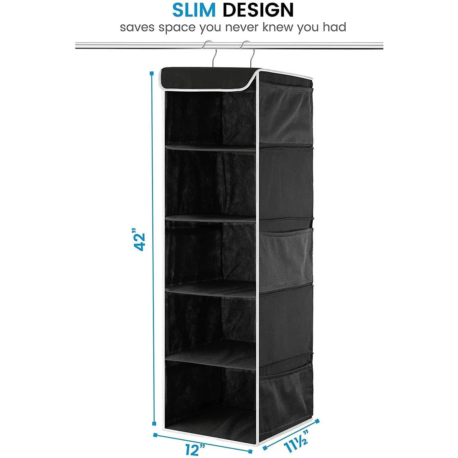 5-Shelf Hanging Closet Organizer With 6 Mesh Pockets Black - Double R Bags