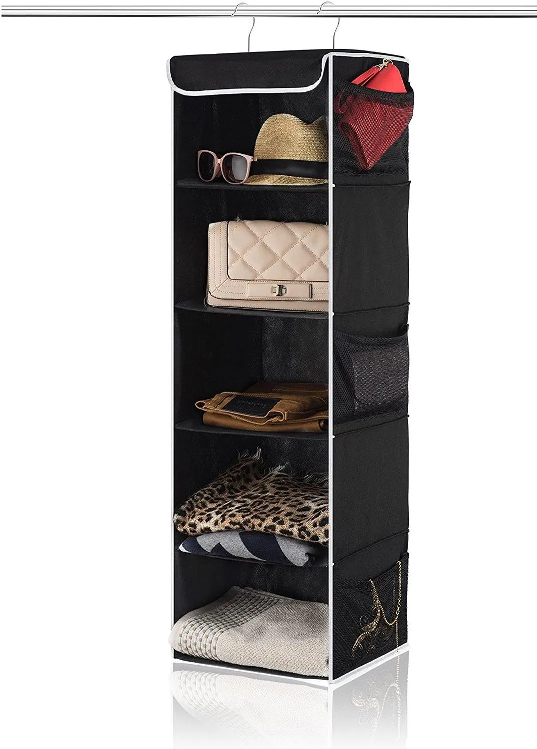 5-Shelf Hanging Closet Organizer With 6 Mesh Pockets Black - Double R Bags