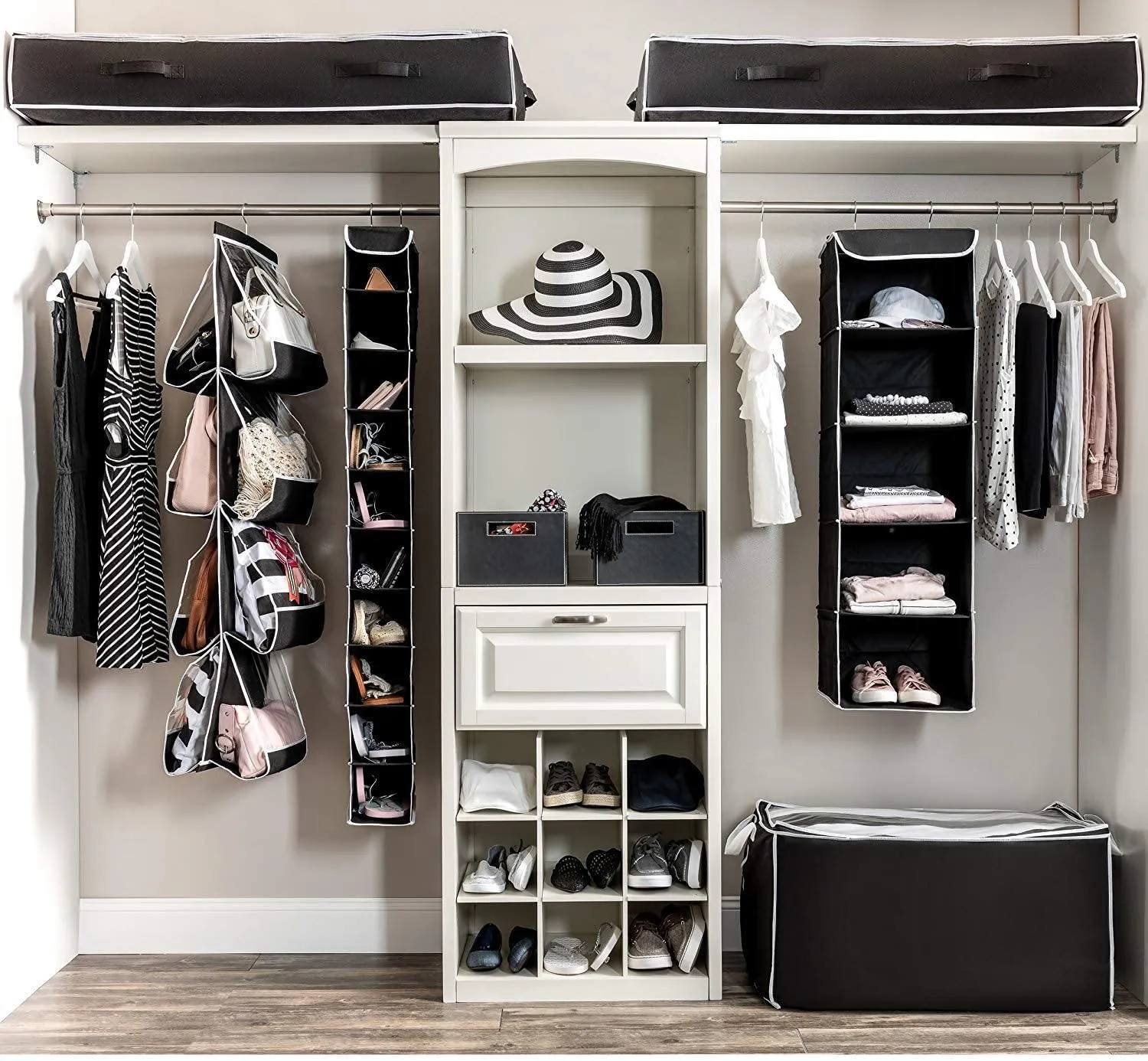 5-Shelf Hanging Closet Organizer With 6 Mesh Pockets Black - Double R Bags