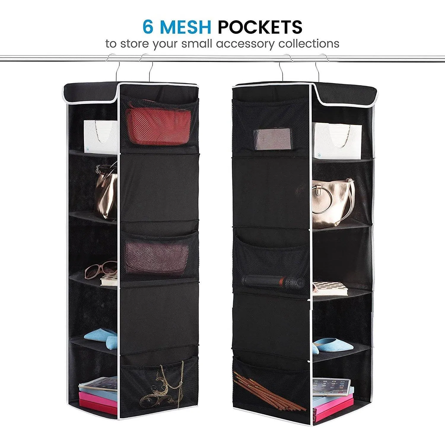 5-Shelf Hanging Closet Organizer With 6 Mesh Pockets Black - Double R Bags