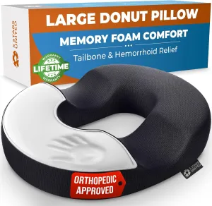 5 STARS UNITED Donut Pillow Hemorrhoid Tailbone Cushion – Large Cushion for Pain Relief – Coccyx, Prostate, Sciatica, Pelvic Floor, Pressure Sores, Pregnancy, Postpartum Recovery, Black